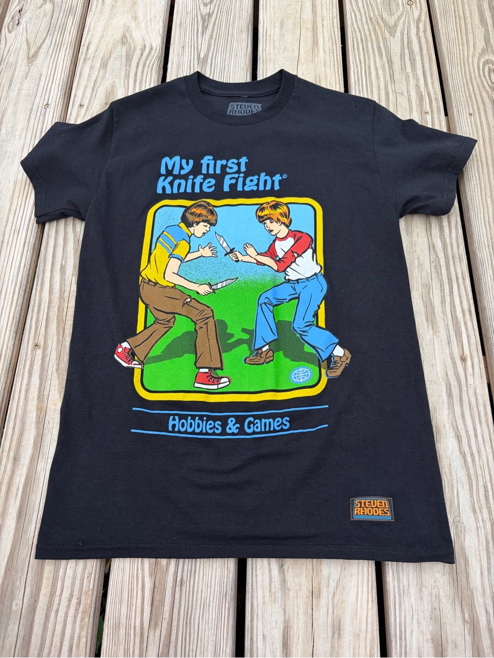 Steven Rhodes Mens Tee Small Black Hobbies Games My First Knife Fight Small Flaw